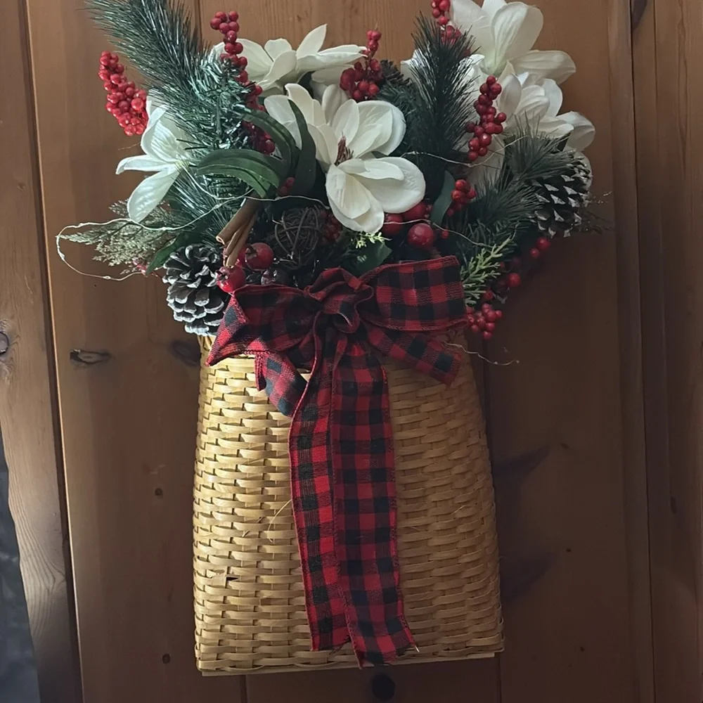 Holiday Pine & Berry Wall Basket Arrangement - Red, White, Green